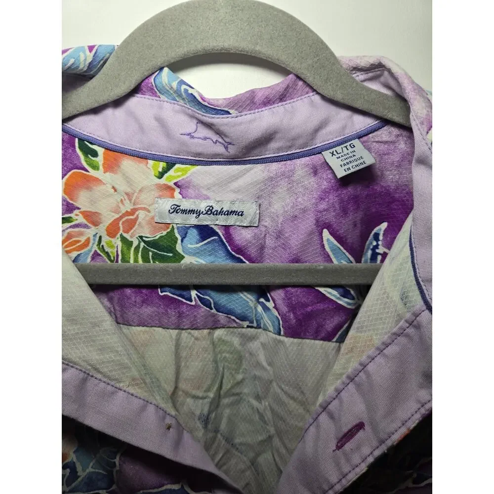 Tommy Bahama Silk Button Up Mens XXL Purple Blue 100% Silk Tropical Floral